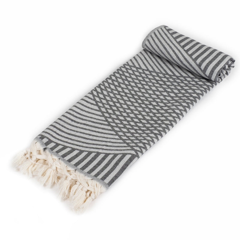 Opposite angle view of patterns of grey Aphrodite Turkish towel Urban Pera